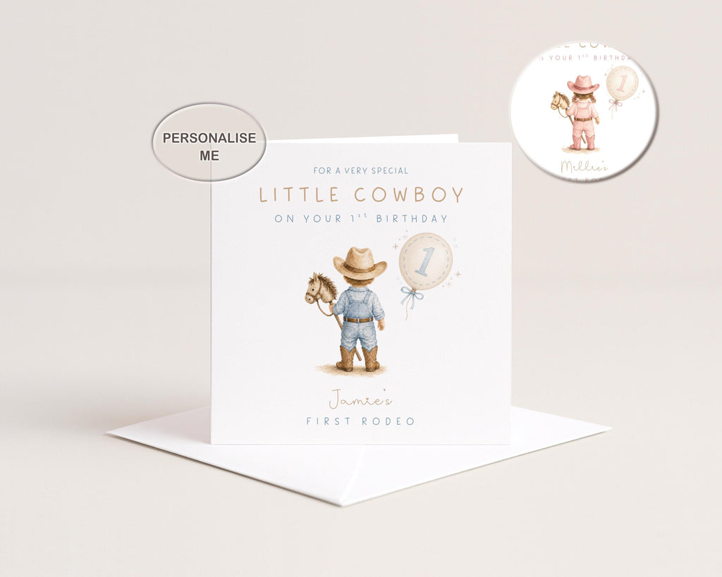 1st Birthday Card Personalised First Rodeo For Baby Boy or Baby Girl, Son, Daughter
