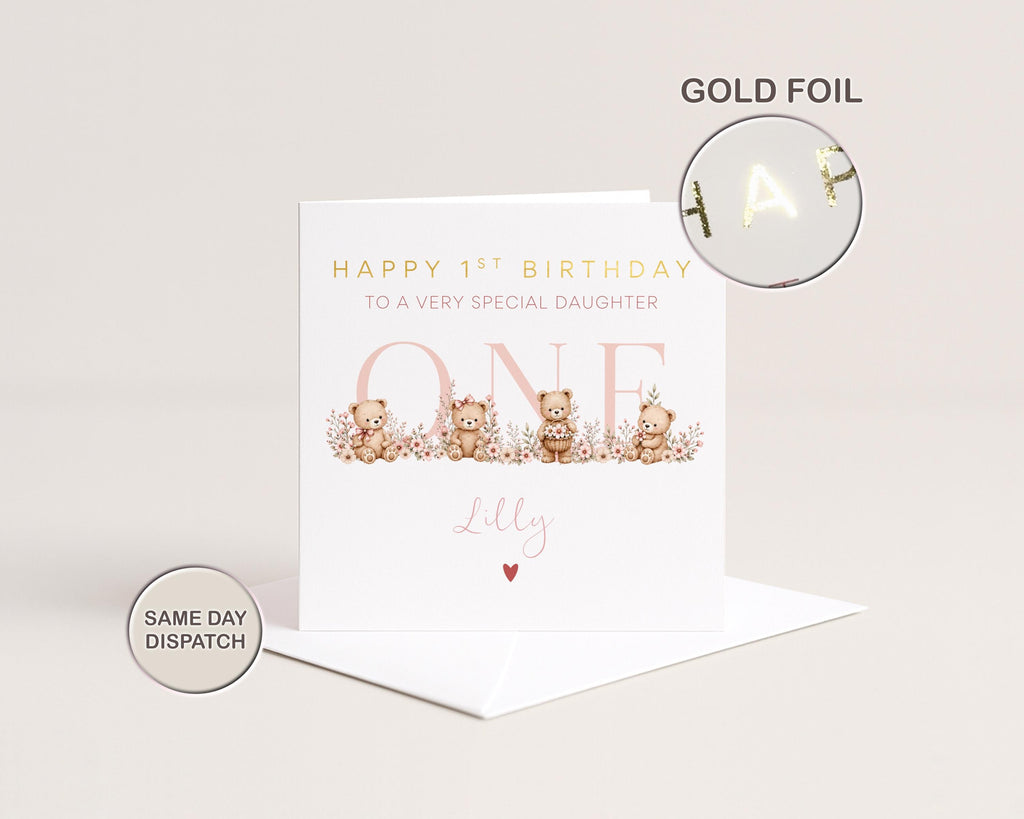 1st Birthday Card for Daughter | Personalised Age 1 2 3 4 | Goddaughter, Niece | Foiled