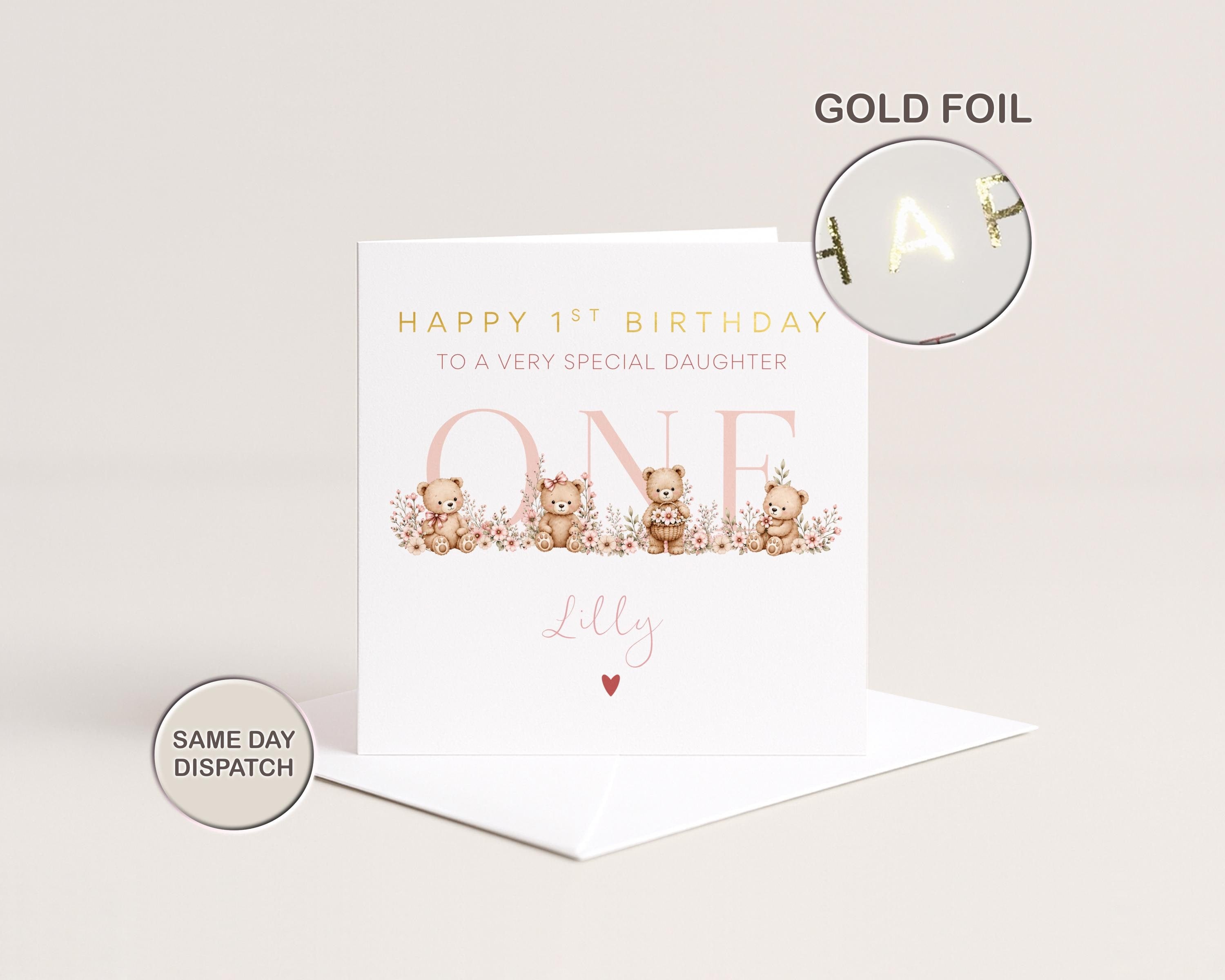 1st Birthday Card for Daughter | Personalised Age 1 2 3 4 | Goddaughter, Niece | Foiled