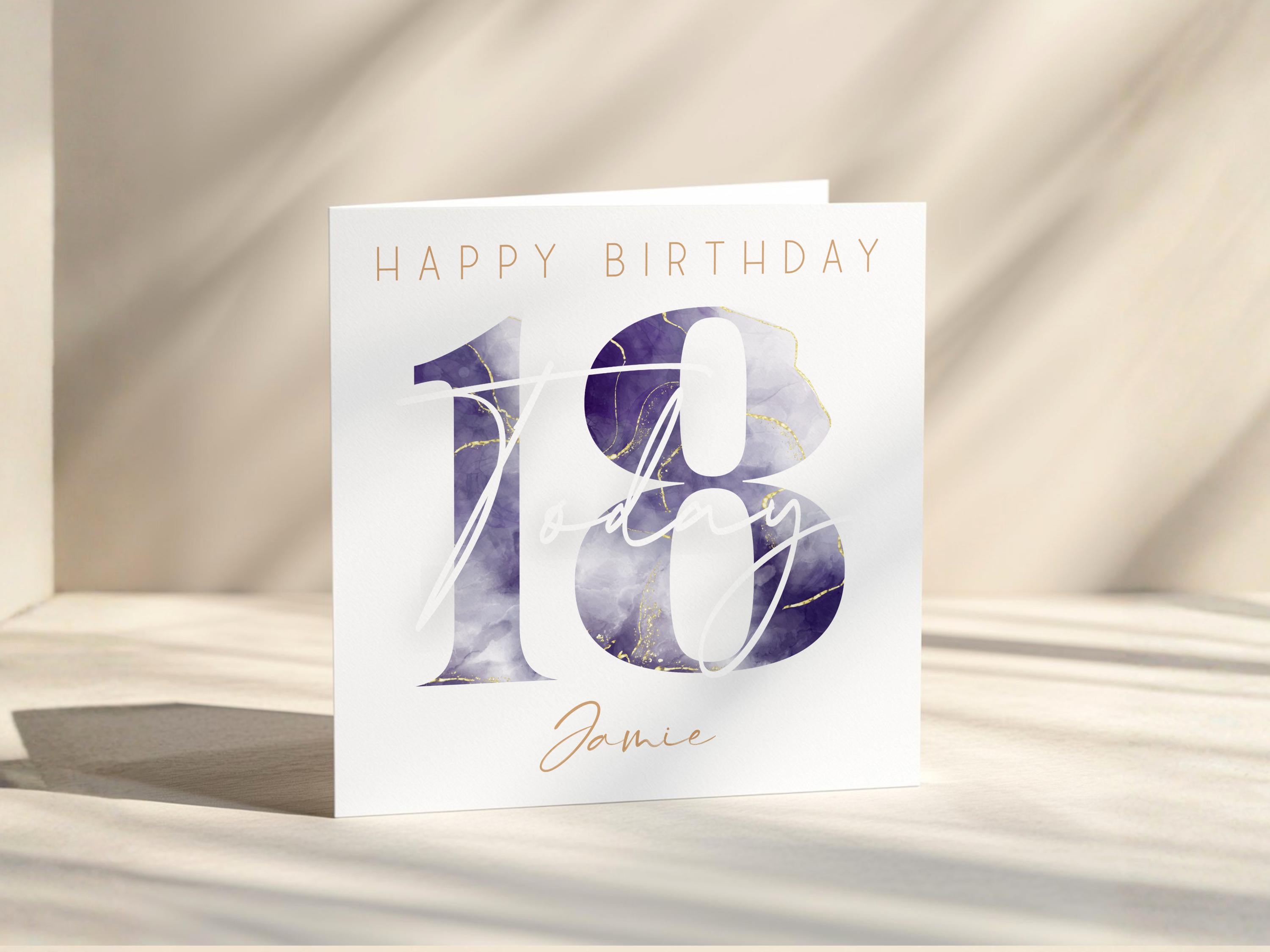 Personalised Watercolour Age Birthday Card: Blue Gold Name Customisation