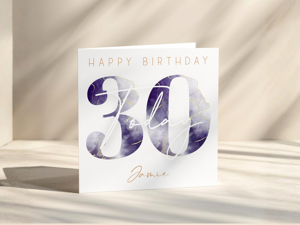Personalised Watercolour Age Birthday Card: Blue Gold Name Customisation