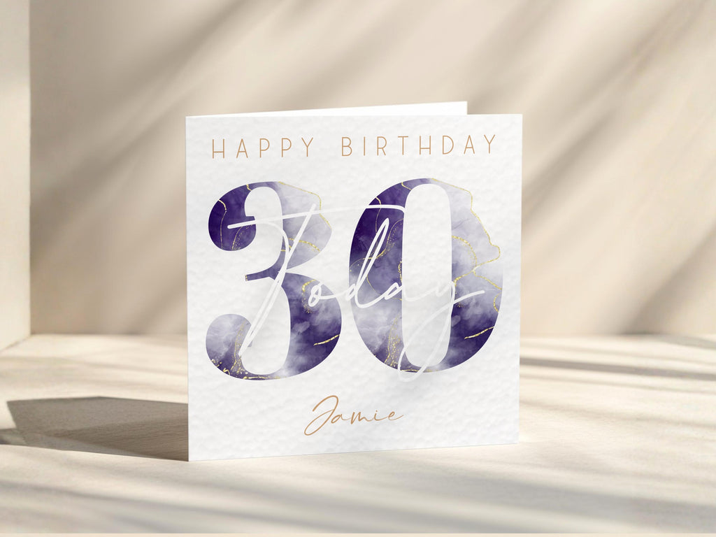 Personalised Watercolour Age Birthday Card: Blue Gold Name Customisation
