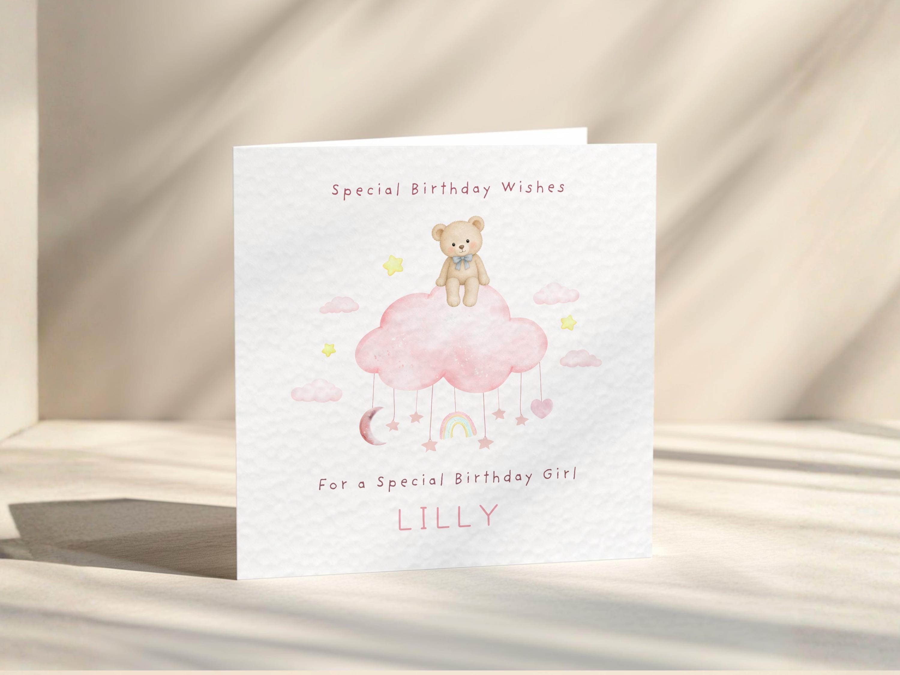 Personalised Girls Birthday Card For Daughter, Granddaughter, Niece, Toddler:  Girl Teddy Bear Greeting Card
