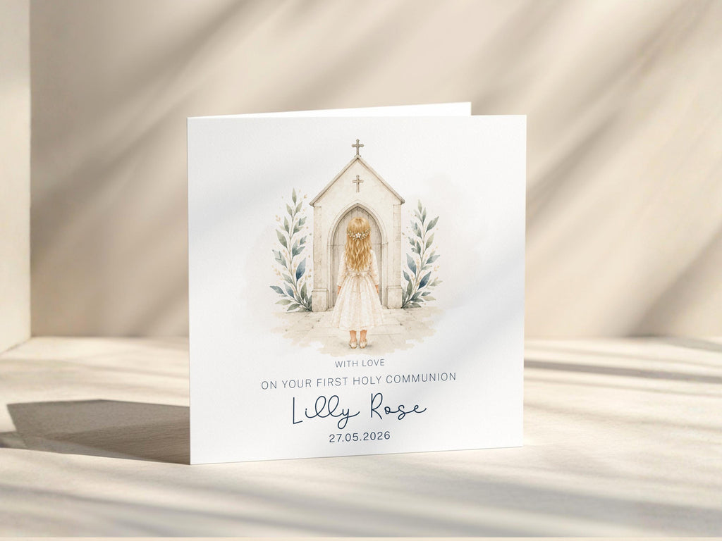 Personalised First Holy Communion Card for Girl, Custom Name and Date, Optional Gold Foil