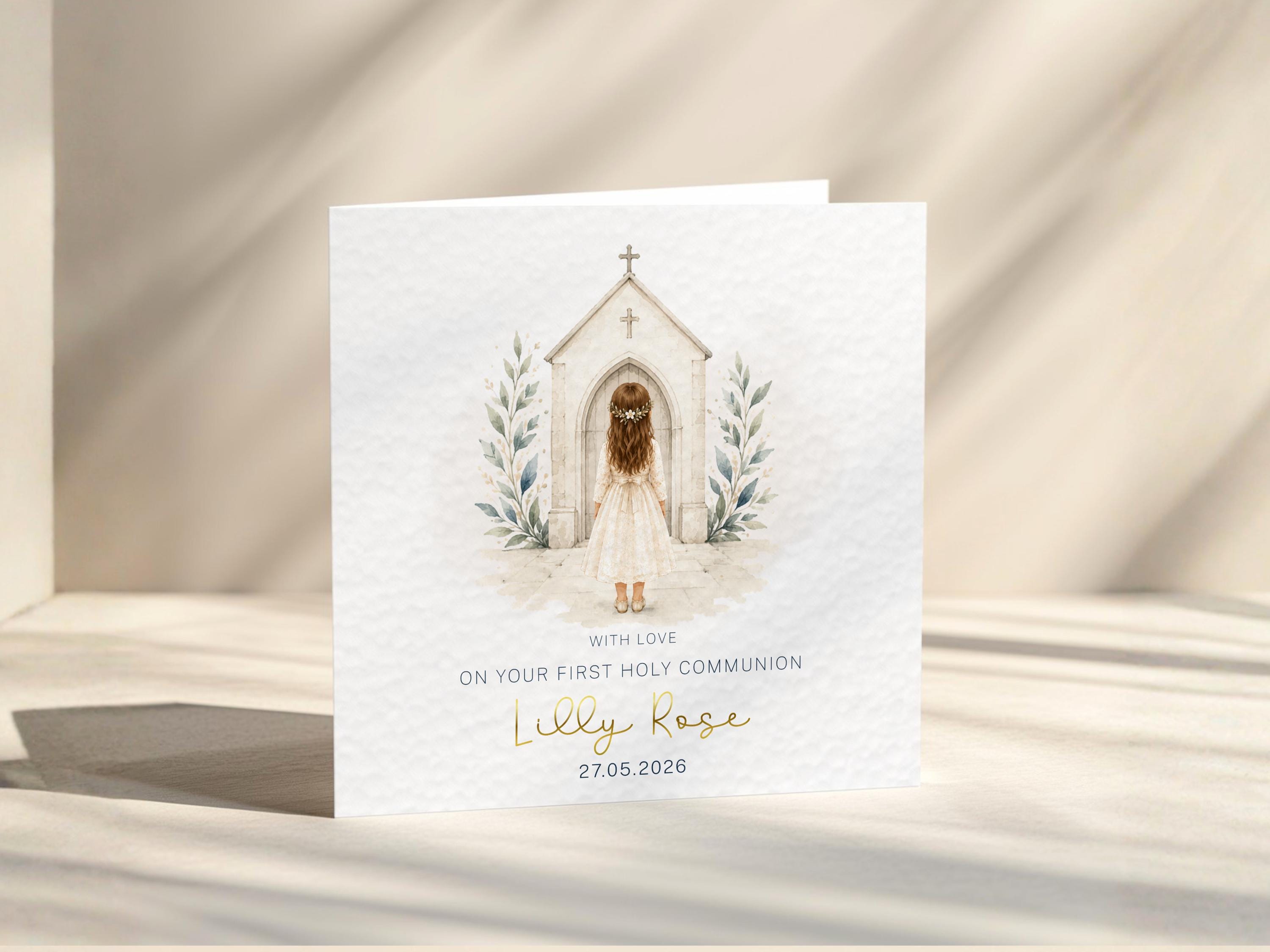 Personalised First Holy Communion Card for Girl, Custom Name and Date, Optional Gold Foil