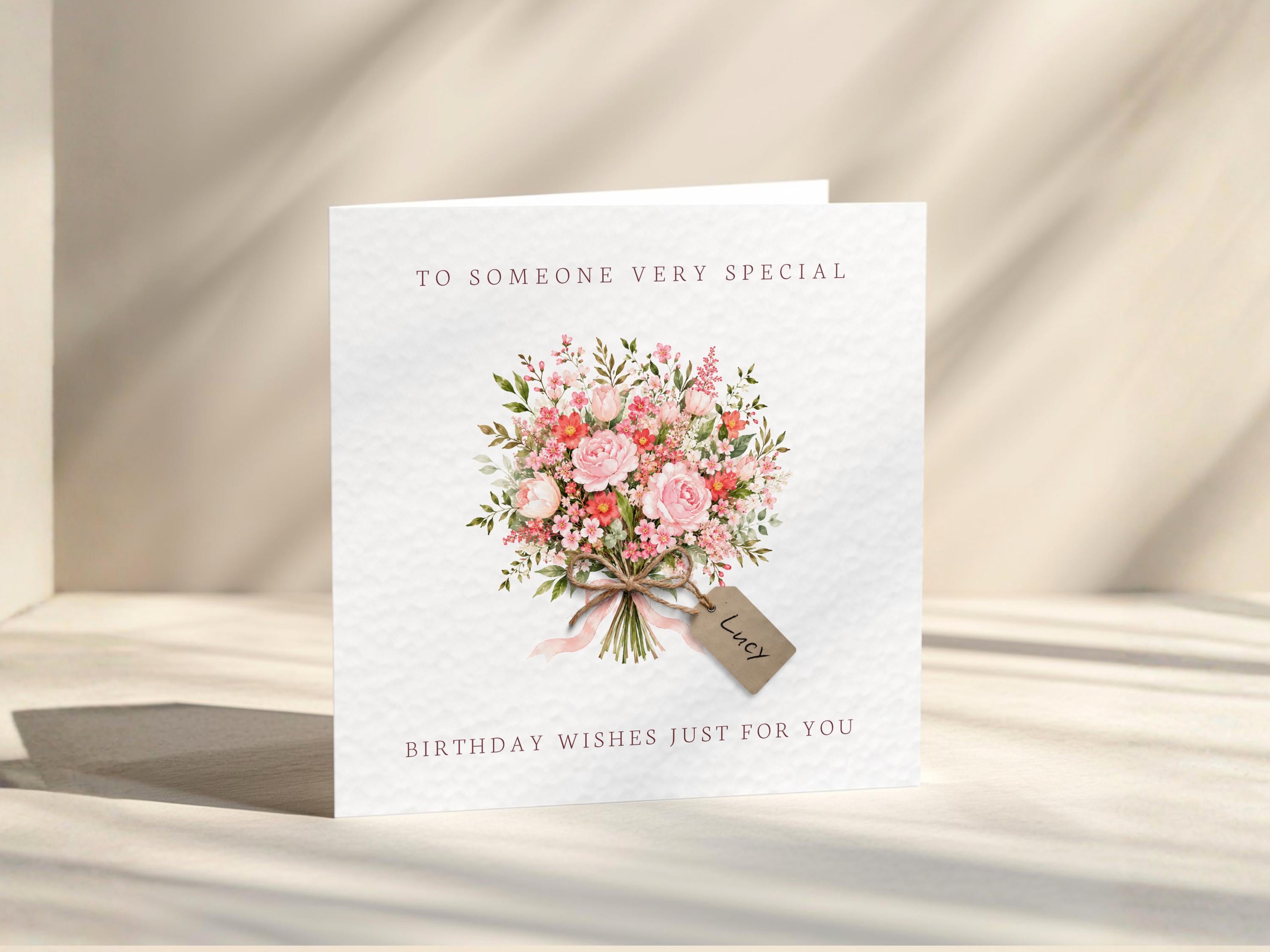 Personalised Birthday Card For Her With Flowers And Name Tag For Mum Or Friend