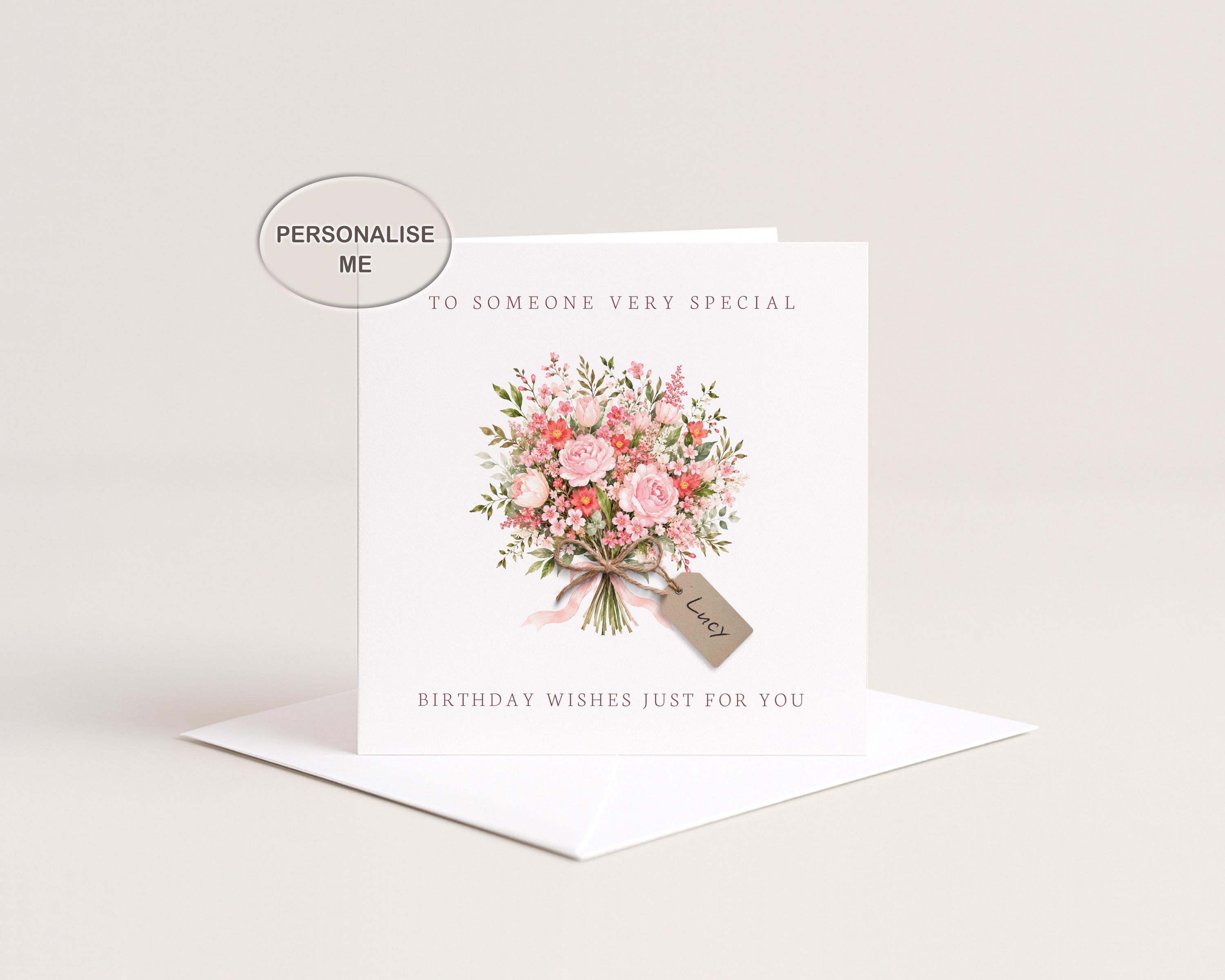 Personalised Birthday Card For Her With Flowers And Name Tag For Mum Or Friend