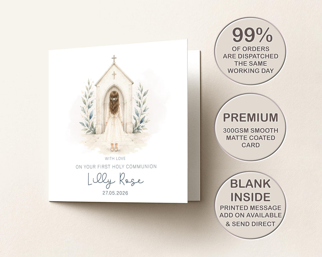 Personalised First Holy Communion Card for Girl, Custom Name and Date, Optional Gold Foil