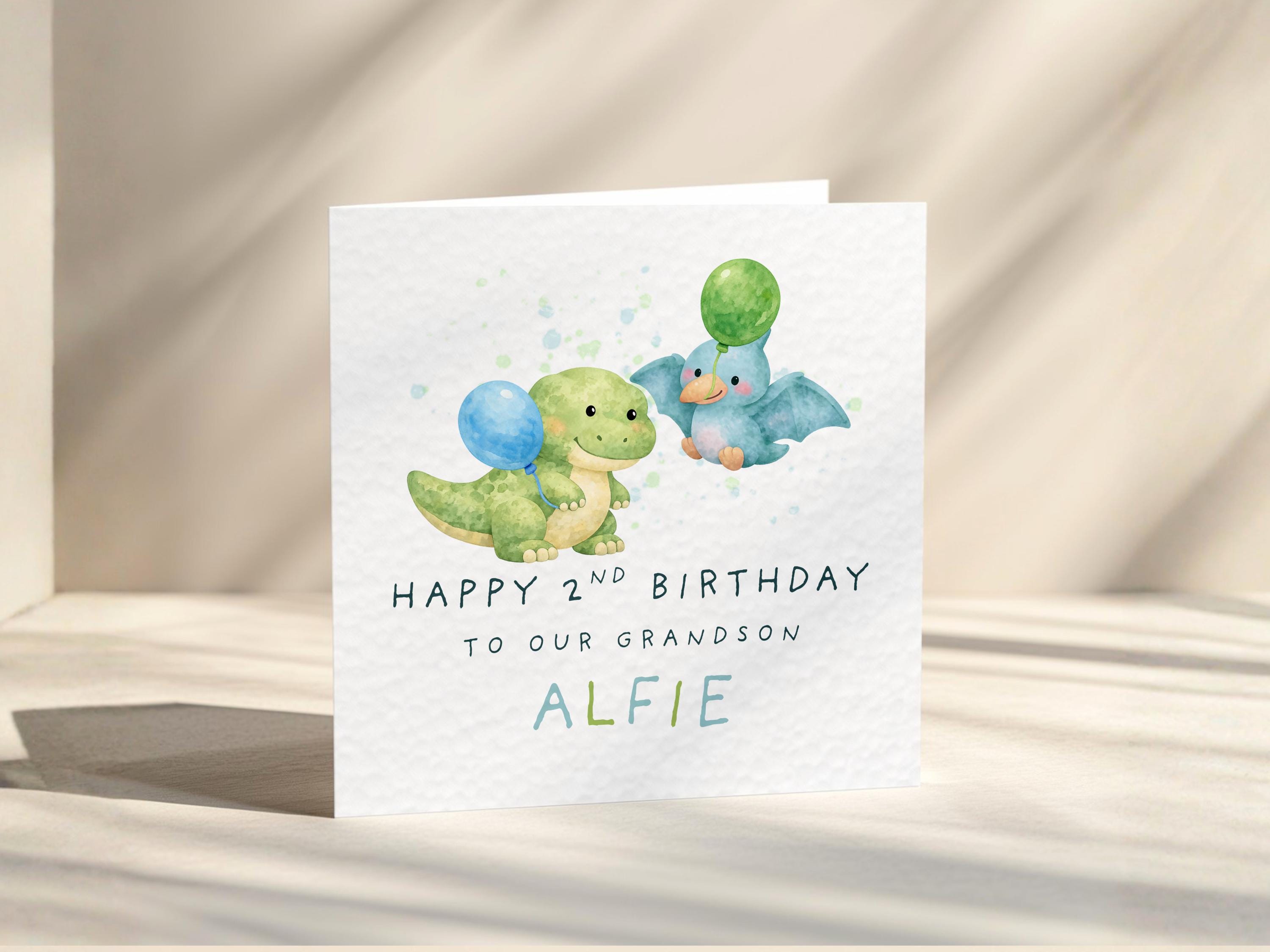 2nd Birthday Card For Grandson Personalised Dinosaur Design With Name For Boys Turning Two