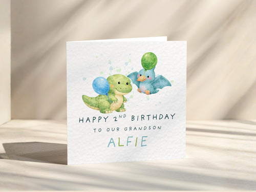 2nd Birthday Card For Grandson Personalised Dinosaur Design With Name For Boys Turning Two