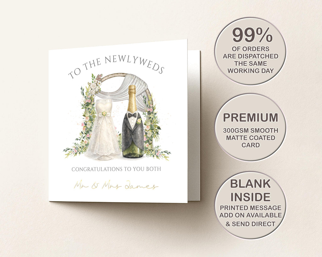 Personalised Wedding Card, Gold Foil Names, Champagne Bottle Congratulations Card