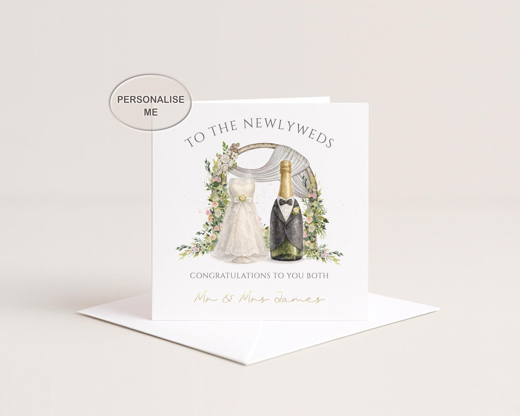 Personalised Wedding Card, Gold Foil Names, Champagne Bottle Congratulations Card
