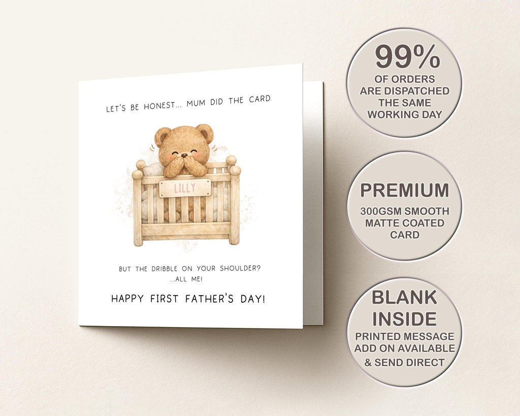 Funny First Father’s Day Card From Baby, Personalised Teddy Bear Design, New Dad