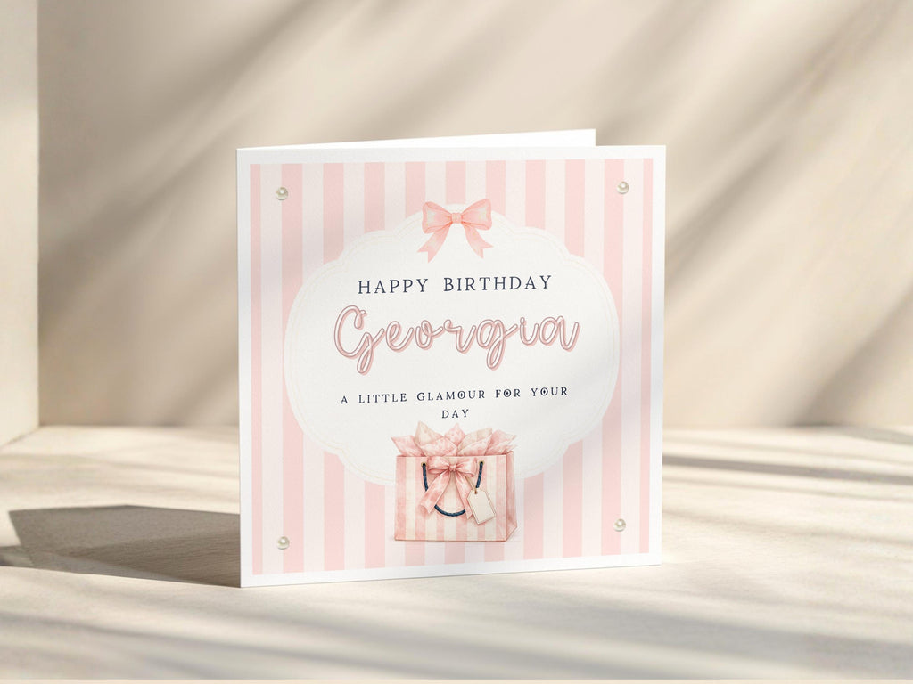 Personalised Birthday Card for Daughter, Granddaughter, Niece, Sister, Friend – Pearl Embellished Gift Bag Design