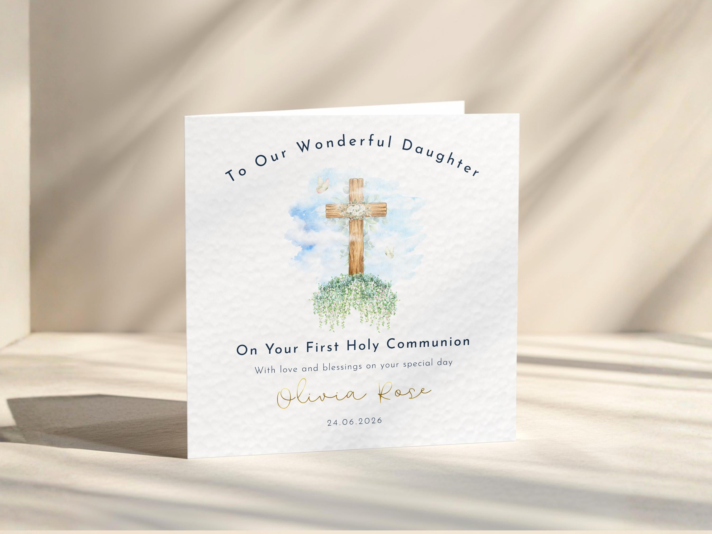 First Holy Communion Card Personalised For Daughter, Granddaughter, Girl: Name Date, Cross Gold Foil