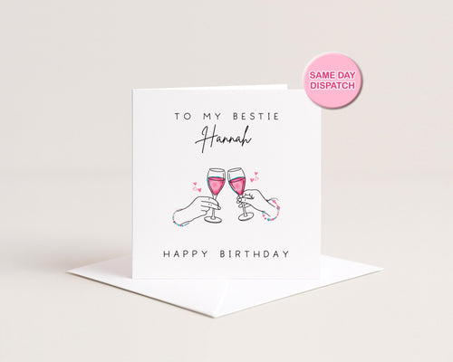 Custom Name Bestie Birthday Card  | Pink Prosecco Cheers | Female Friend Gift | Soul Sisters