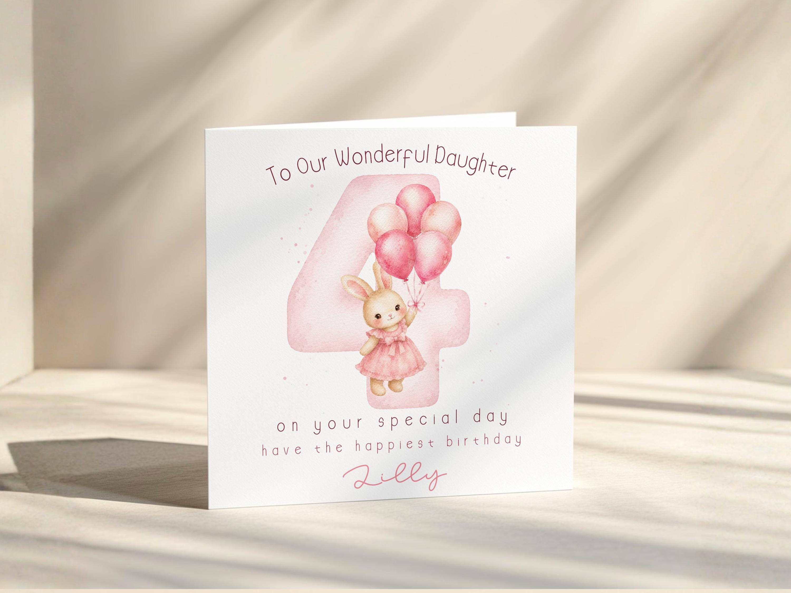 4th Birthday Card for Girl, Personalised Bunny Balloons Age 4, Custom Name Pink Theme