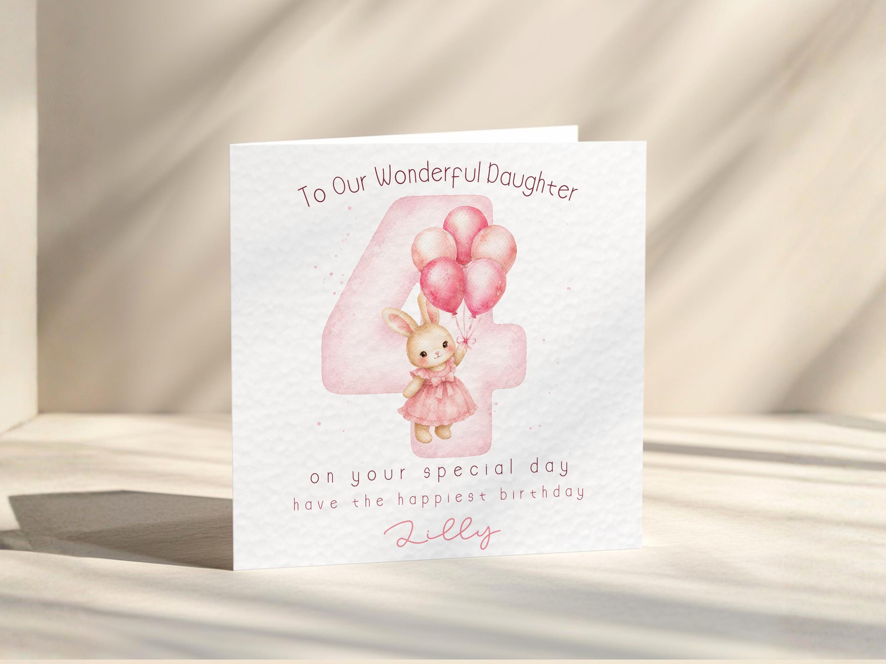 4th Birthday Card for Girl, Personalised Bunny Balloons Age 4, Custom Name Pink Theme
