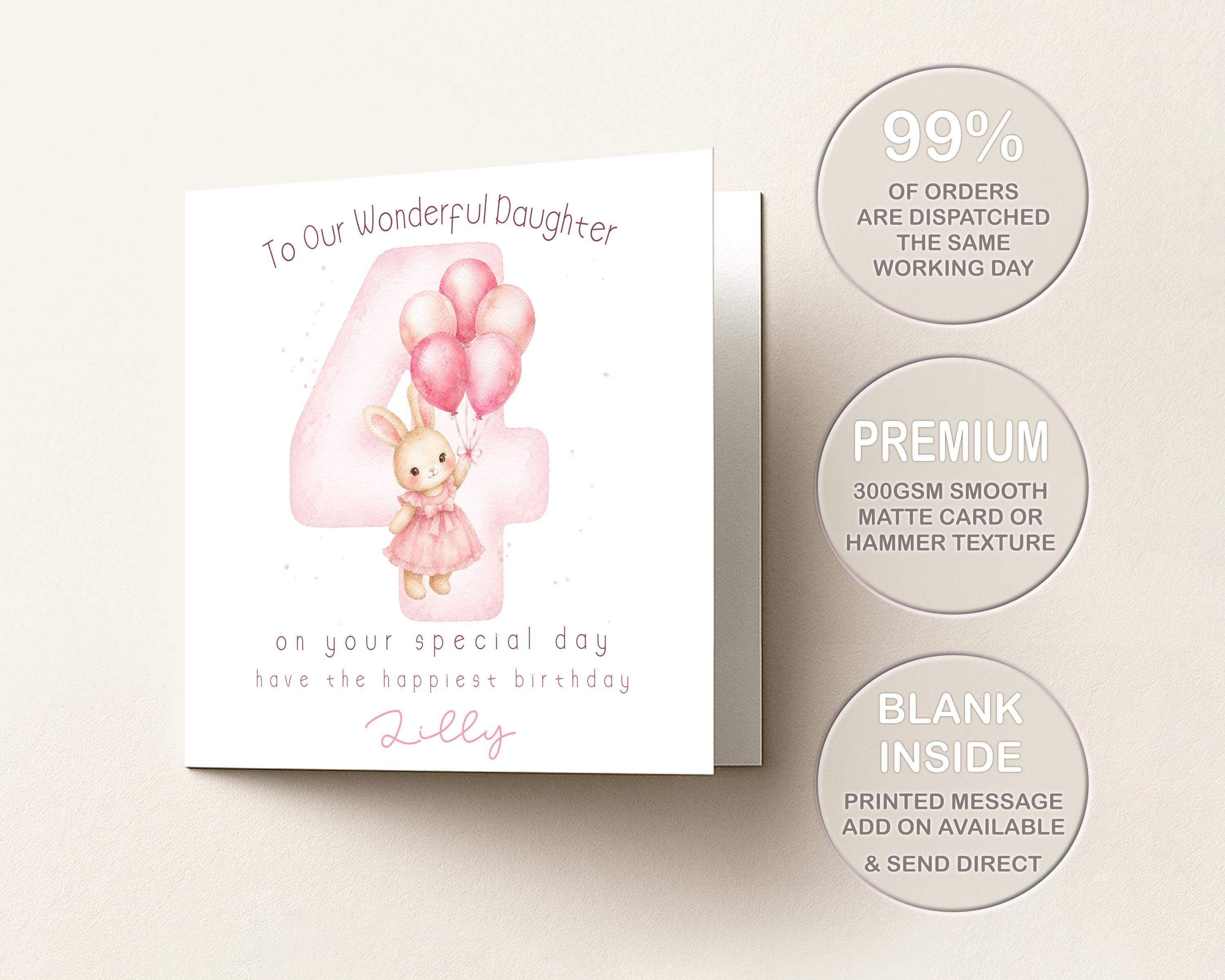 4th Birthday Card for Girl, Personalised Bunny Balloons Age 4, Custom Name Pink Theme