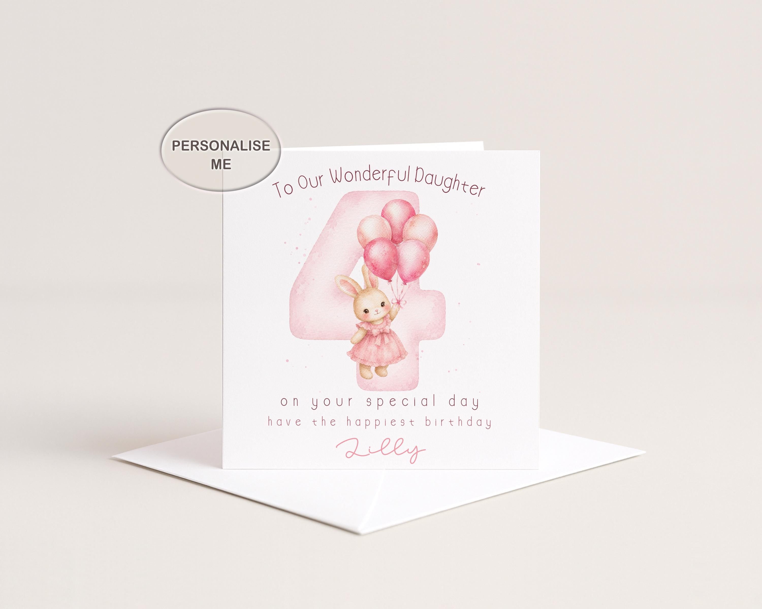 4th Birthday Card for Girl, Personalised Bunny Balloons Age 4, Custom Name Pink Theme