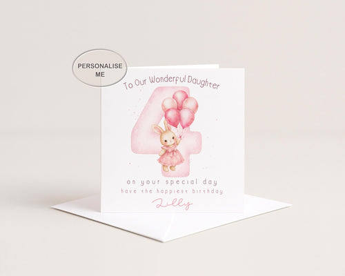 4th Birthday Card for Girl, Personalised Bunny Balloons Age 4, Custom Name Pink Theme