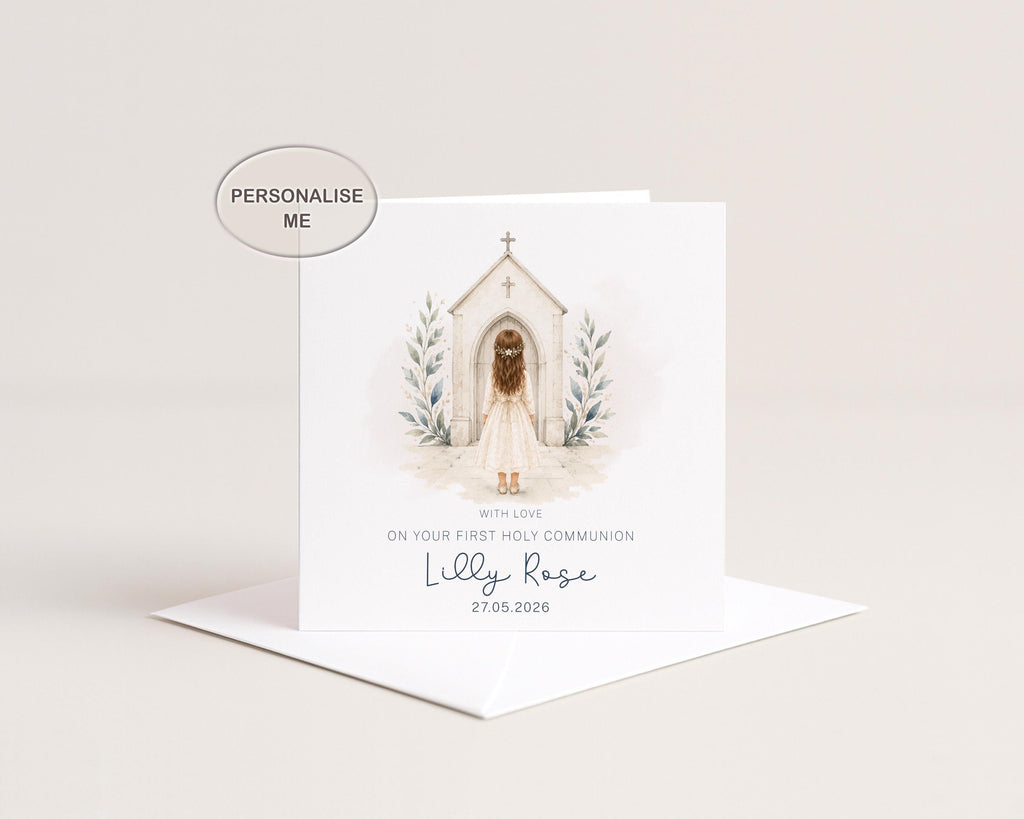 Personalised First Holy Communion Card for Girl, Custom Name and Date, Optional Gold Foil