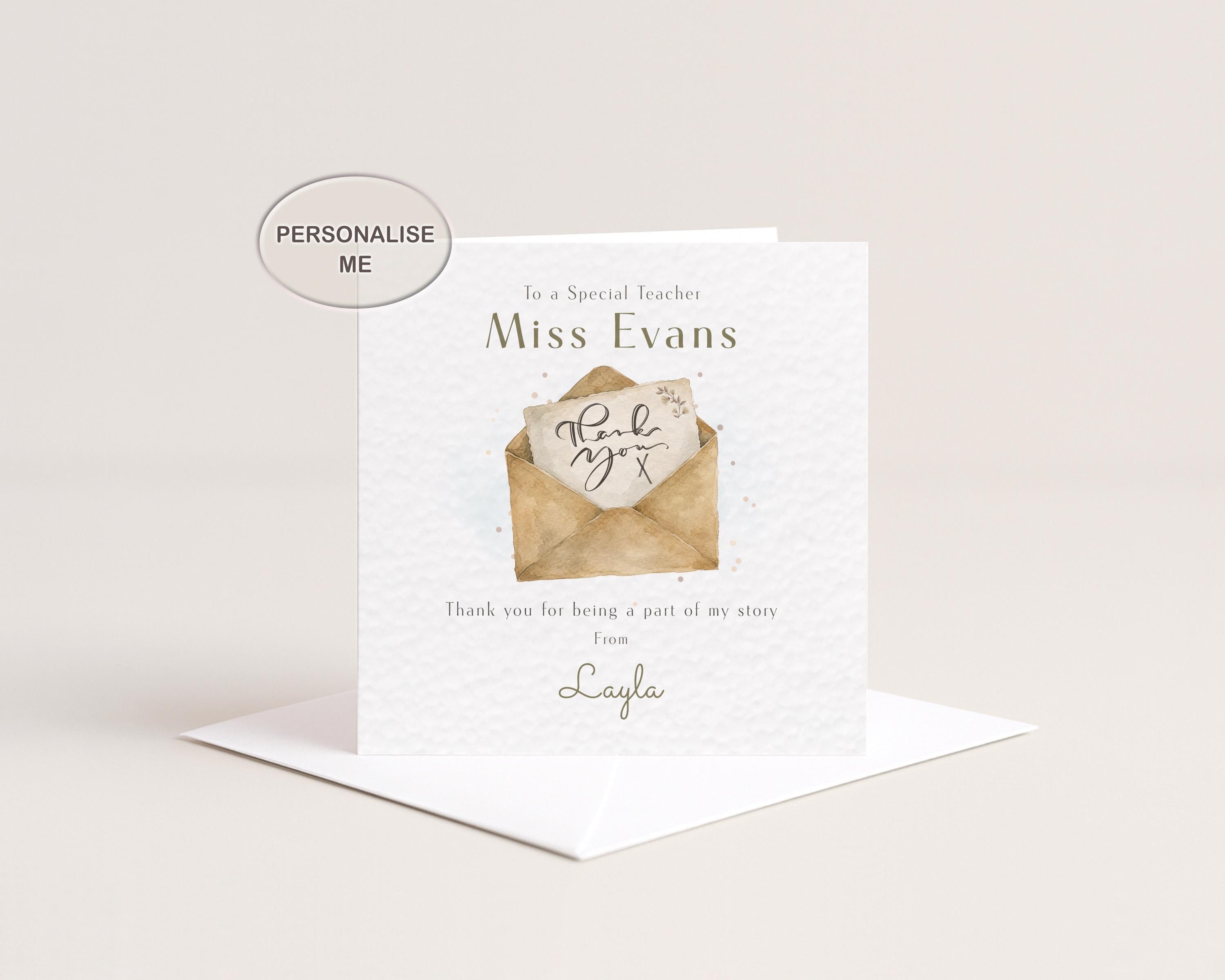 Thank You Teacher Card Personalised For Miss, Tutor, teaching Assistant, End Of Term, School