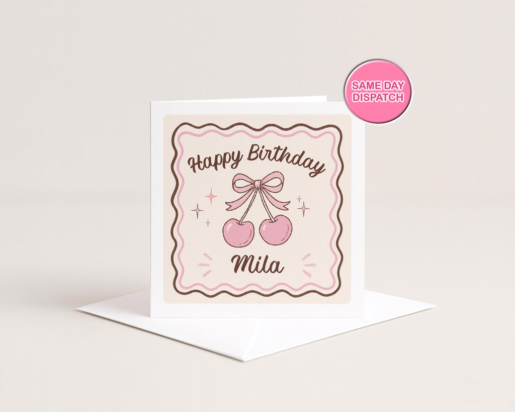 Personalised cherry retro birthday card for her, pink bow, square, sister friend daughter