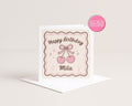 Personalised cherry retro birthday card for her, pink bow, square, sister friend daughter