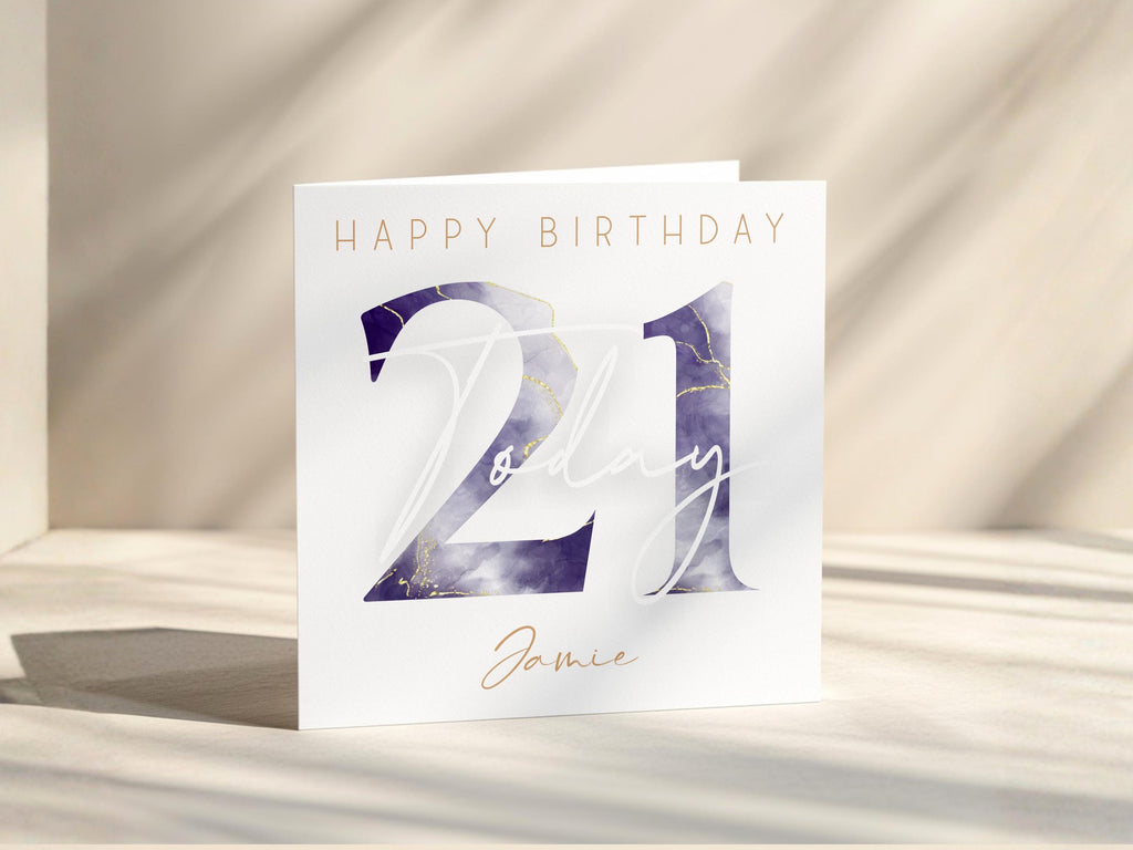 Personalised Watercolour Age Birthday Card: Blue Gold Name Customisation