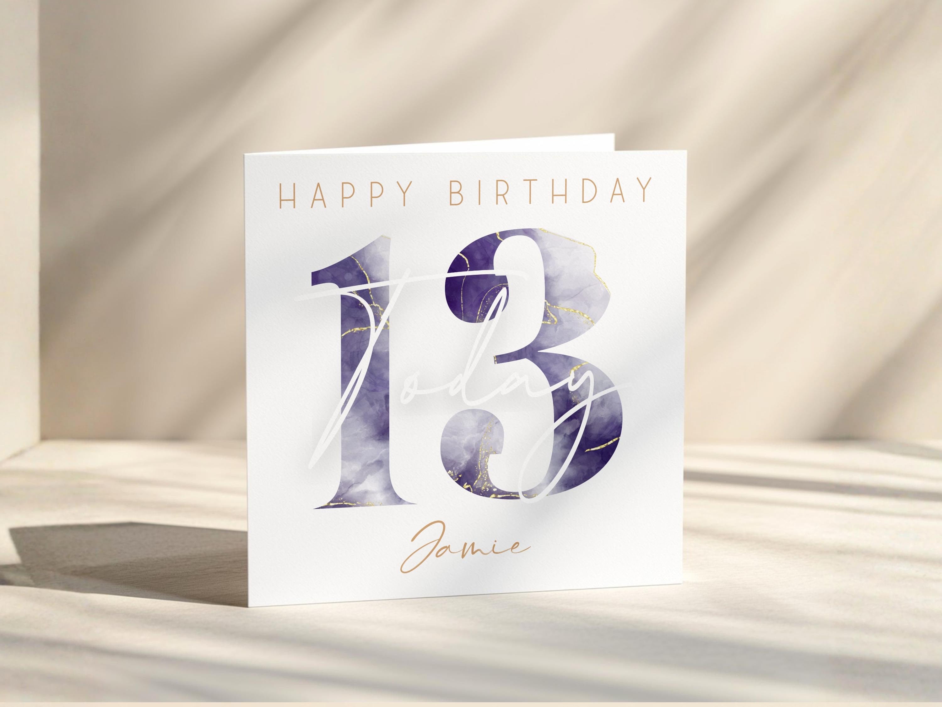 Personalised Watercolour Age Birthday Card: Blue Gold Name Customisation