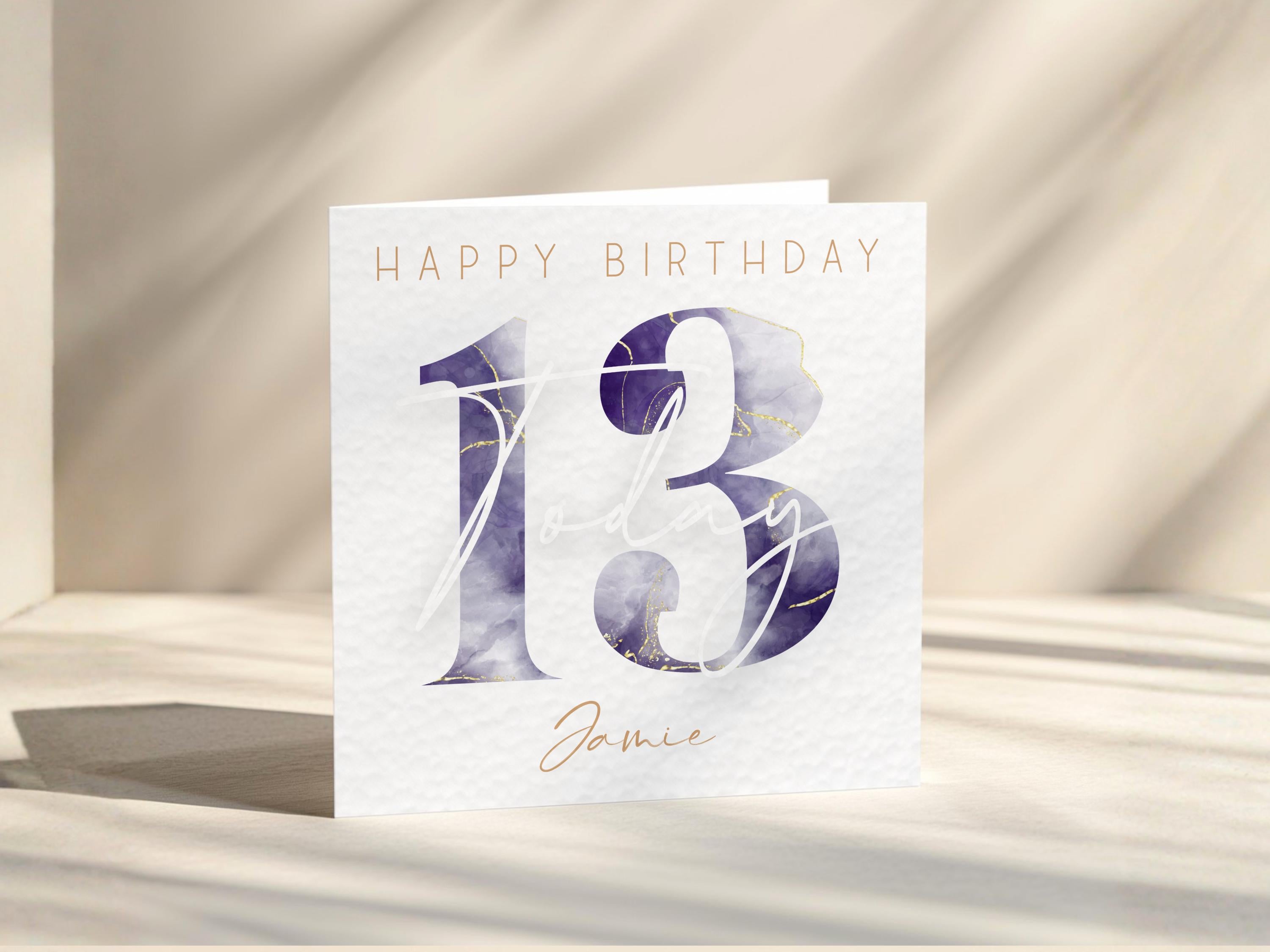 Personalised Watercolour Age Birthday Card: Blue Gold Name Customisation