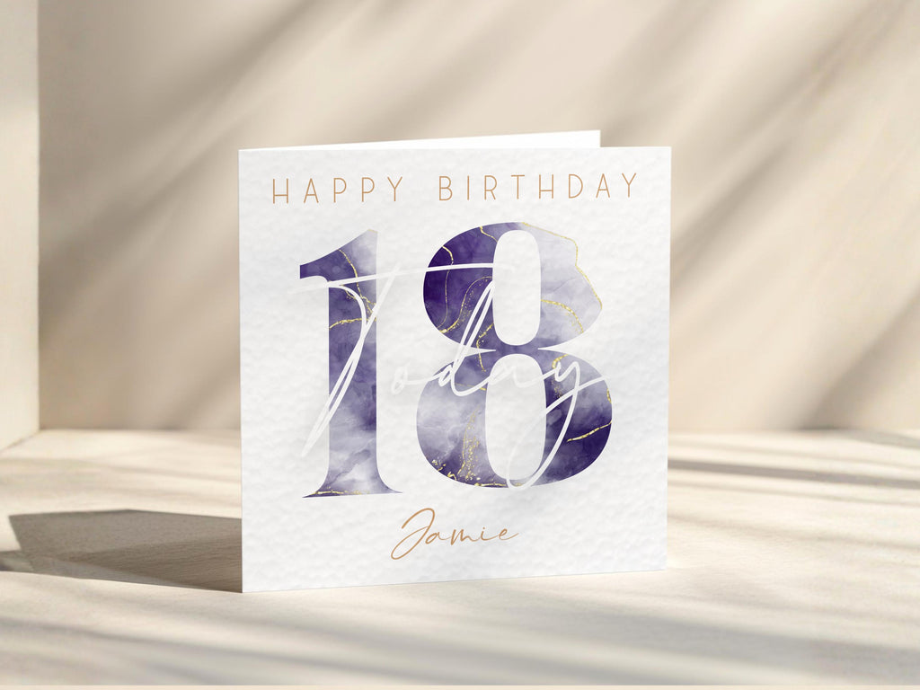 Personalised Watercolour Age Birthday Card: Blue Gold Name Customisation