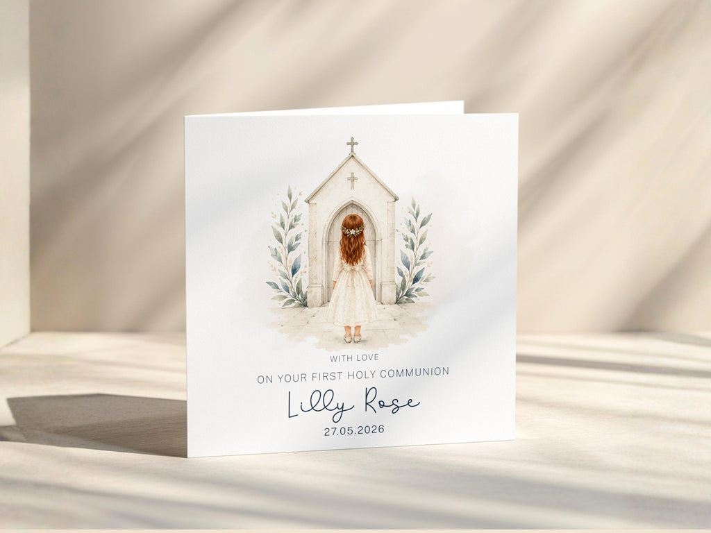 Personalised First Holy Communion Card for Girl, Custom Name and Date, Optional Gold Foil