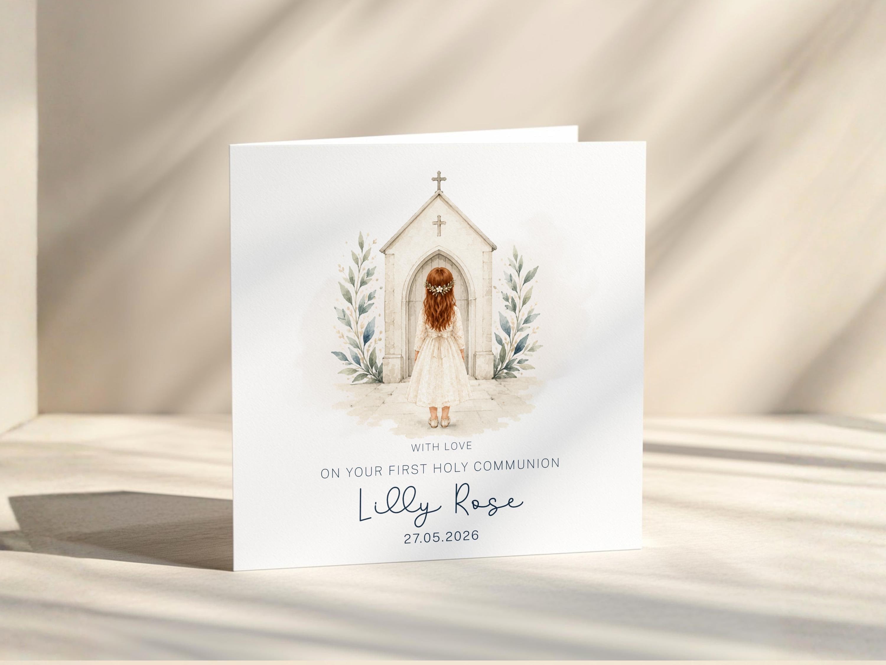 Personalised First Holy Communion Card for Girl, Custom Name and Date, Optional Gold Foil