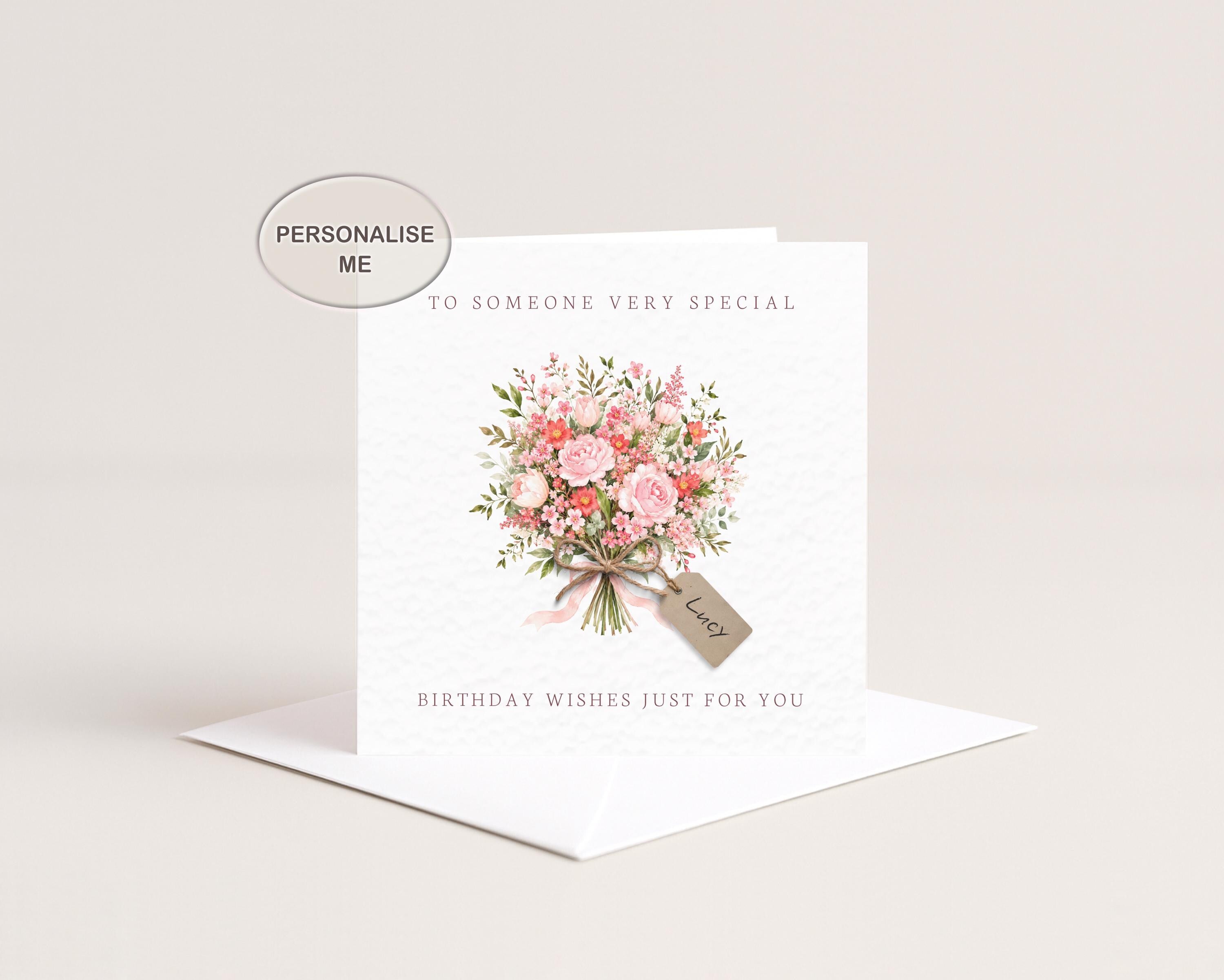 Personalised Birthday Card For Her With Flowers And Name Tag For Mum Or Friend
