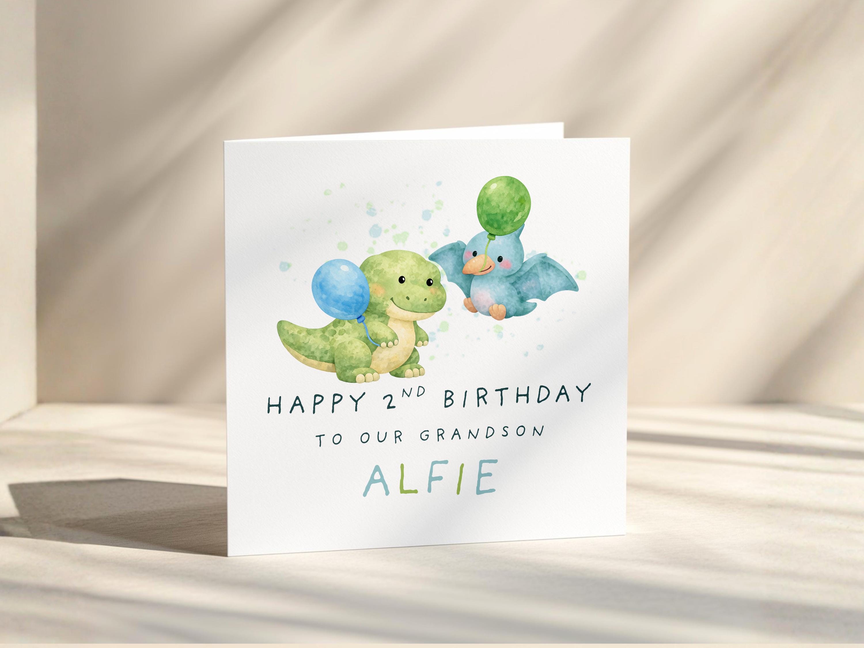 2nd Birthday Card For Grandson Personalised Dinosaur Design With Name For Boys Turning Two