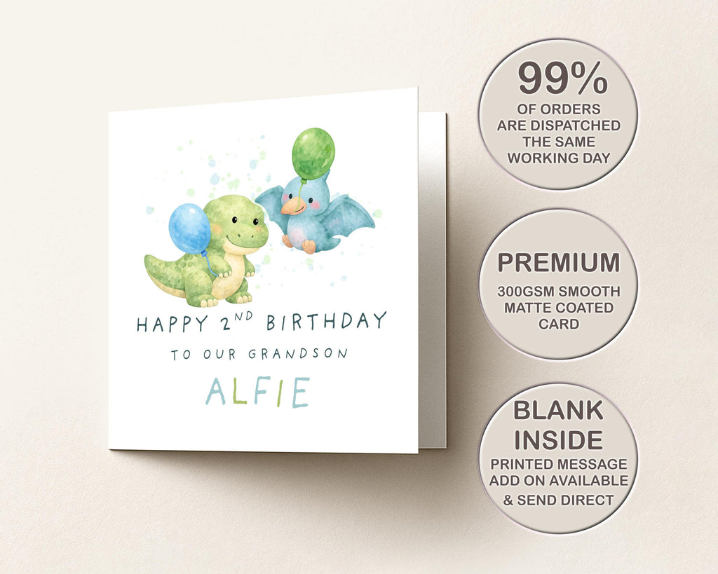 2nd Birthday Card For Grandson Personalised Dinosaur Design With Name For Boys Turning Two
