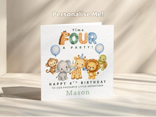 4th Birthday Card personalised For A Boy, Safari Animals, Custom Name, Age Four