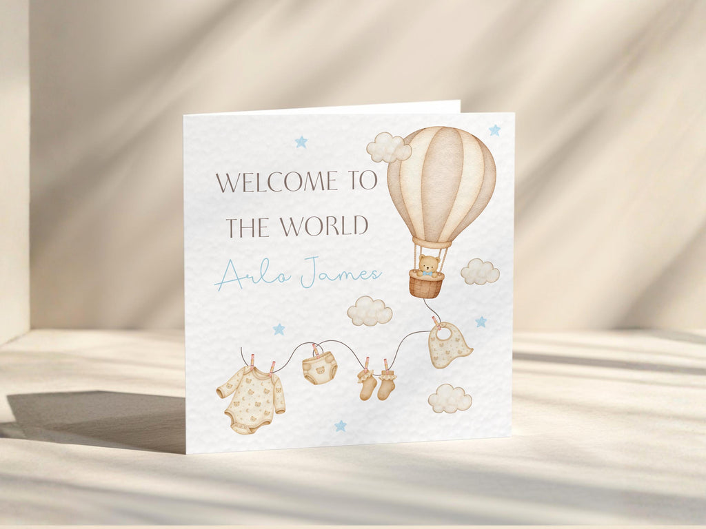 New Baby Card Personalised Welcome To The World for baby Boy Or Girl,  Air Balloon