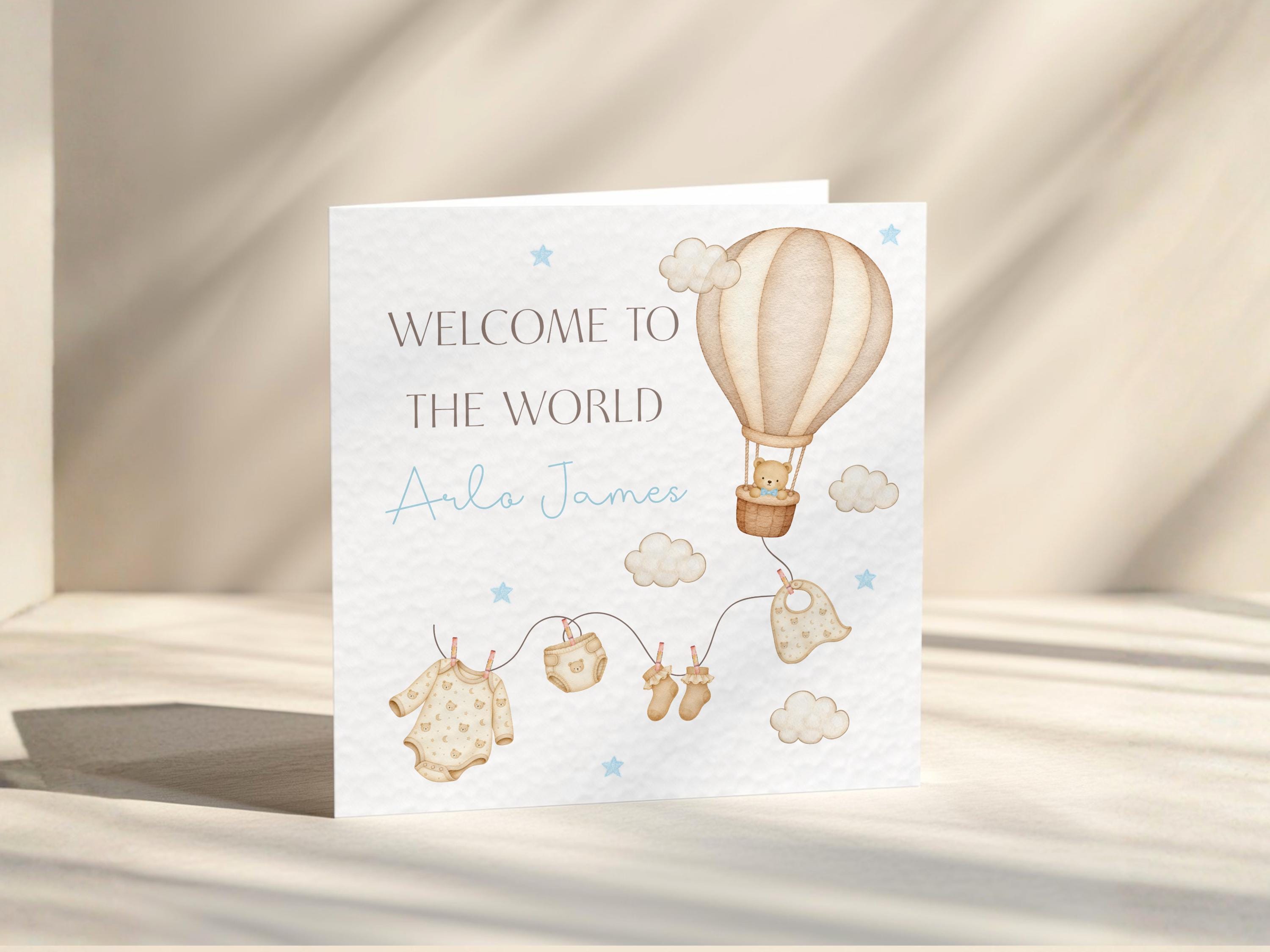 New Baby Card Personalised Welcome To The World for baby Boy Or Girl,  Air Balloon