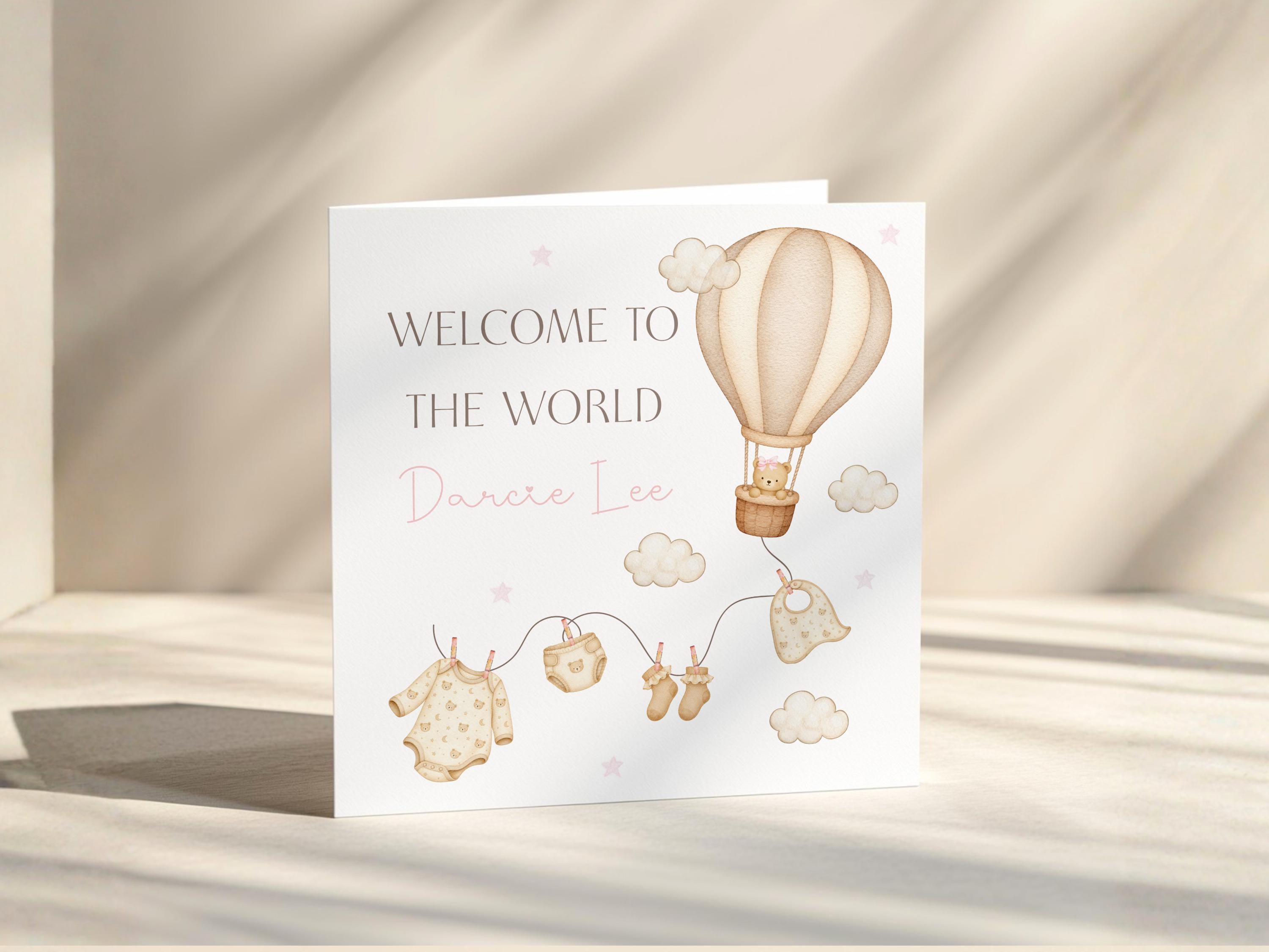 New Baby Card Personalised Welcome To The World for baby Boy Or Girl,  Air Balloon