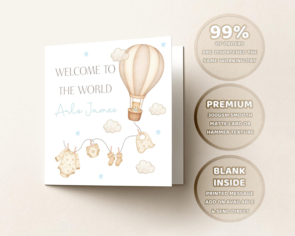 New Baby Card Personalised Welcome To The World for baby Boy Or Girl,  Air Balloon
