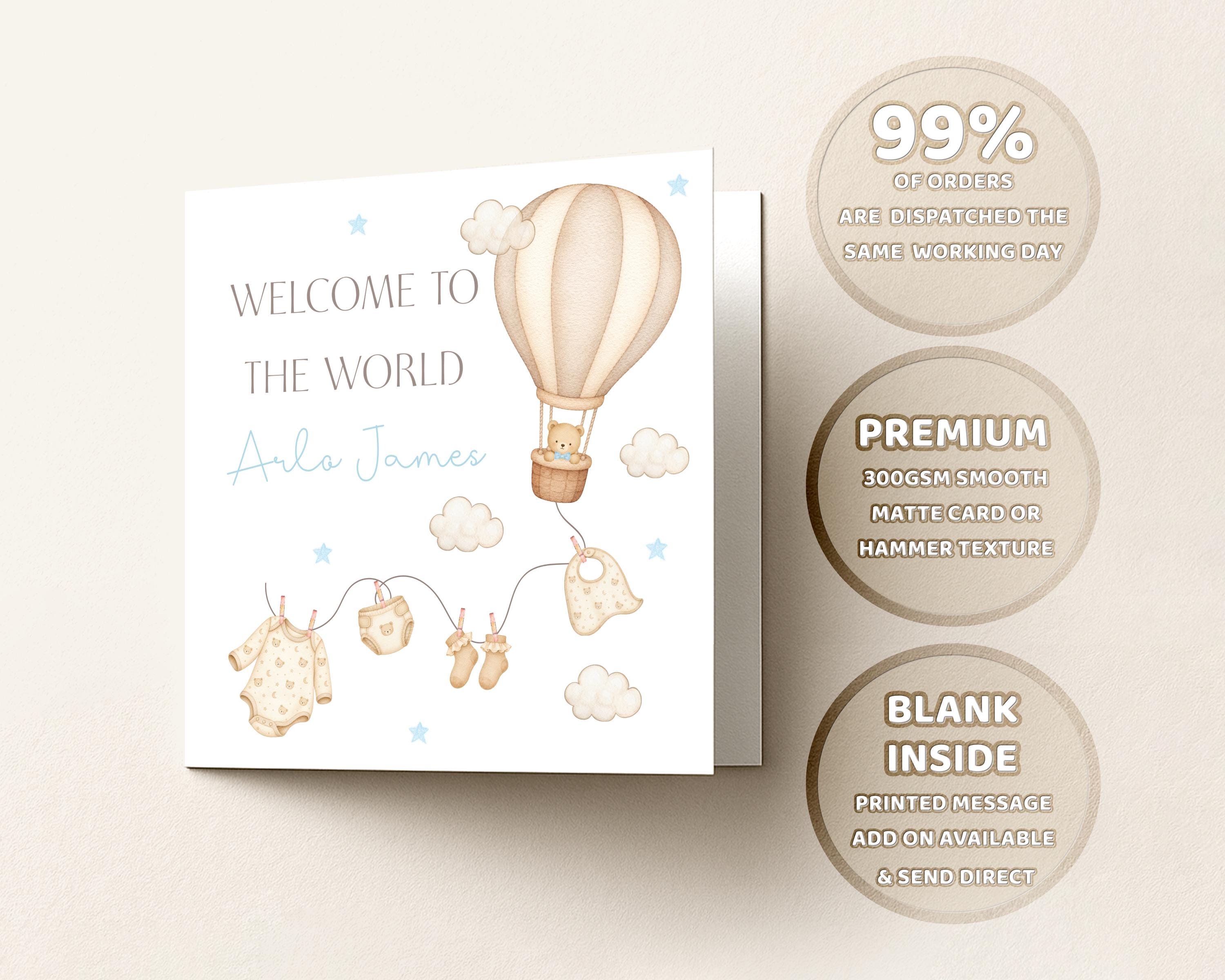 New Baby Card Personalised Welcome To The World for baby Boy Or Girl,  Air Balloon