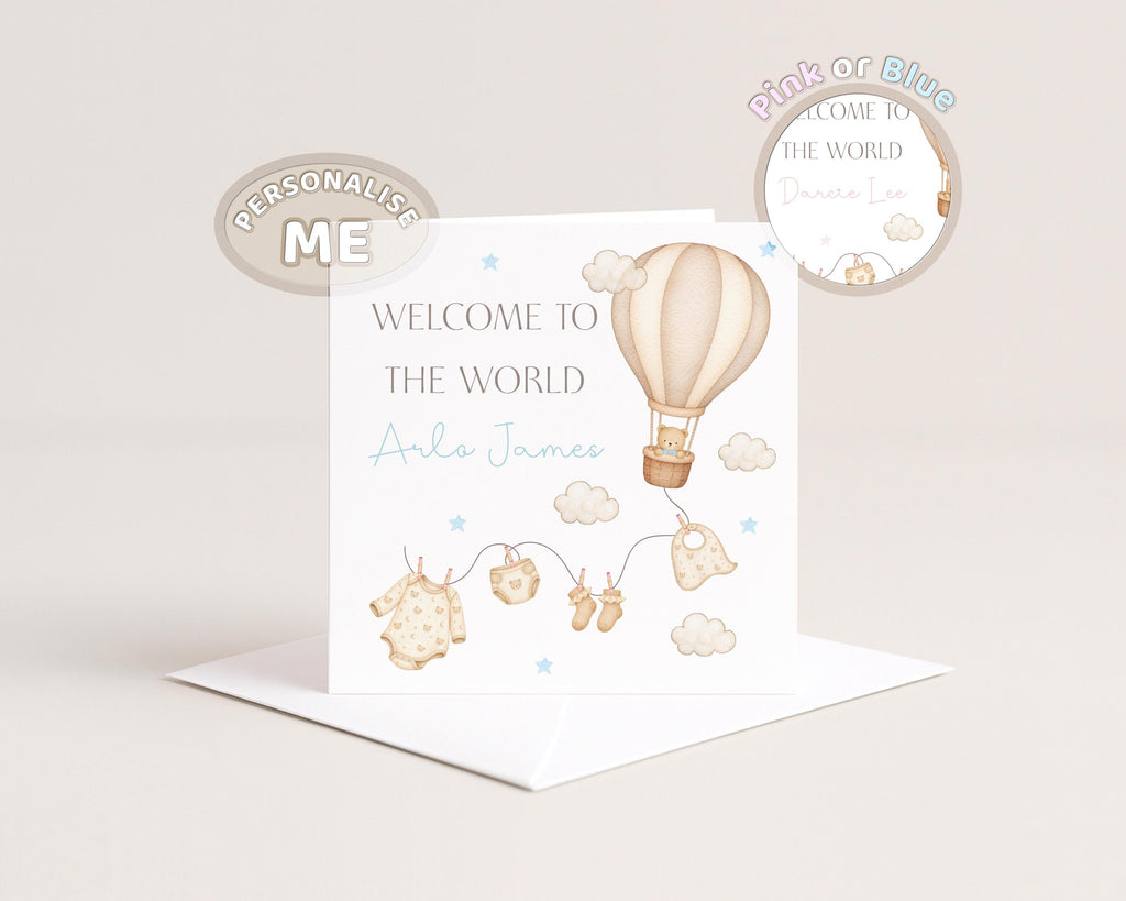 New Baby Card Personalised Welcome To The World for baby Boy Or Girl,  Air Balloon