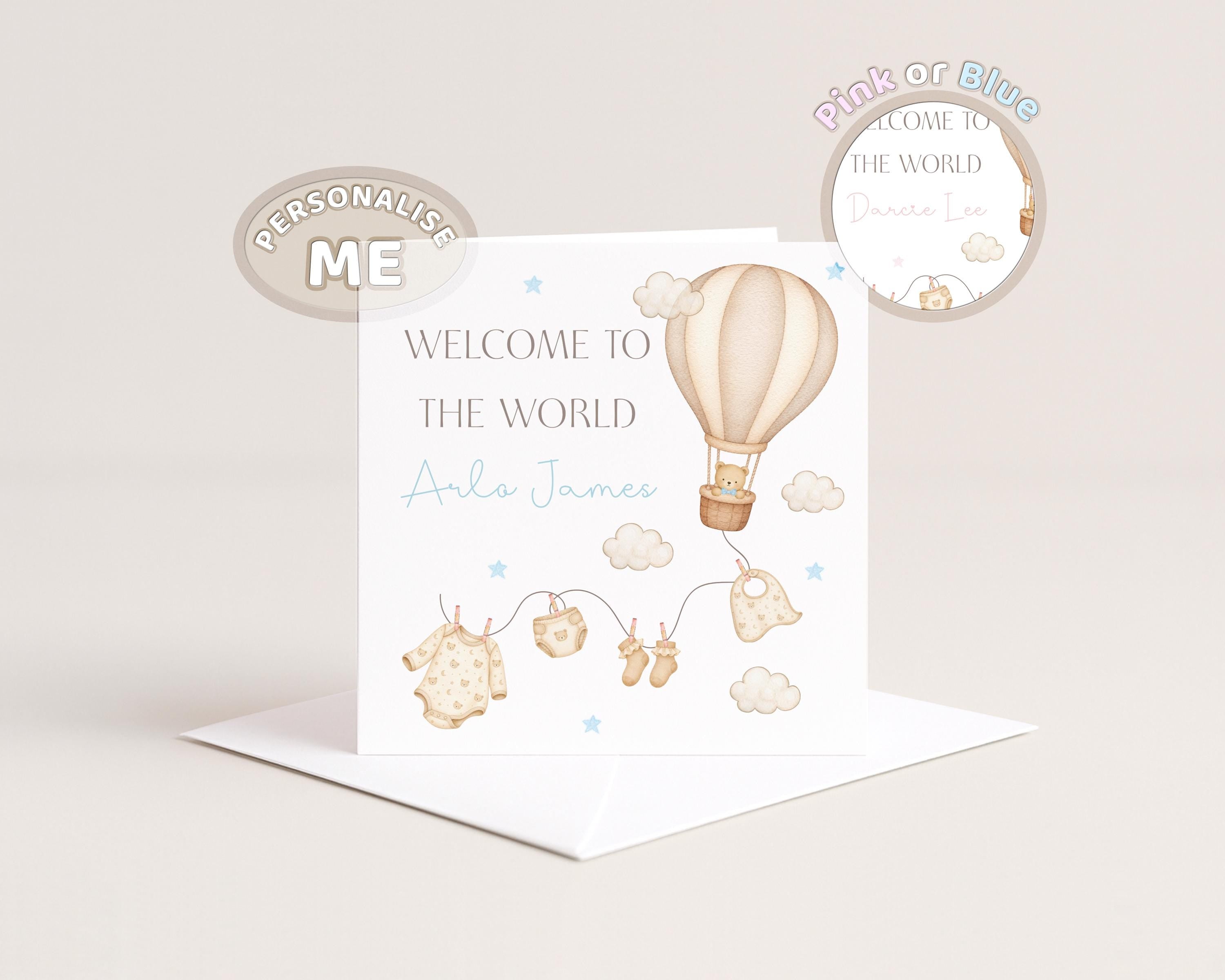New Baby Card Personalised Welcome To The World for baby Boy Or Girl,  Air Balloon
