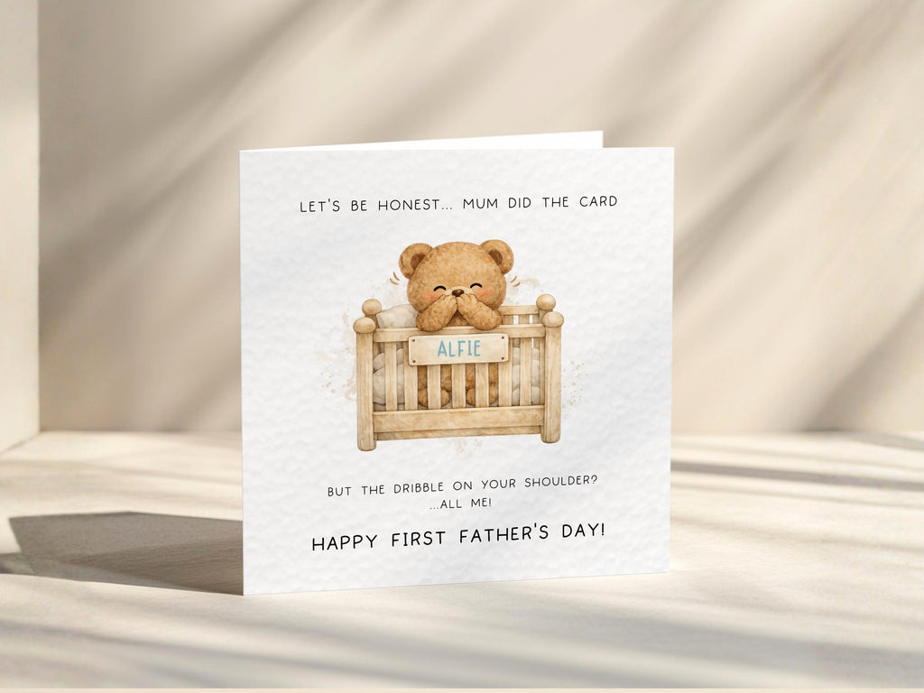 Funny First Father’s Day Card From Baby, Personalised Teddy Bear Design, New Dad
