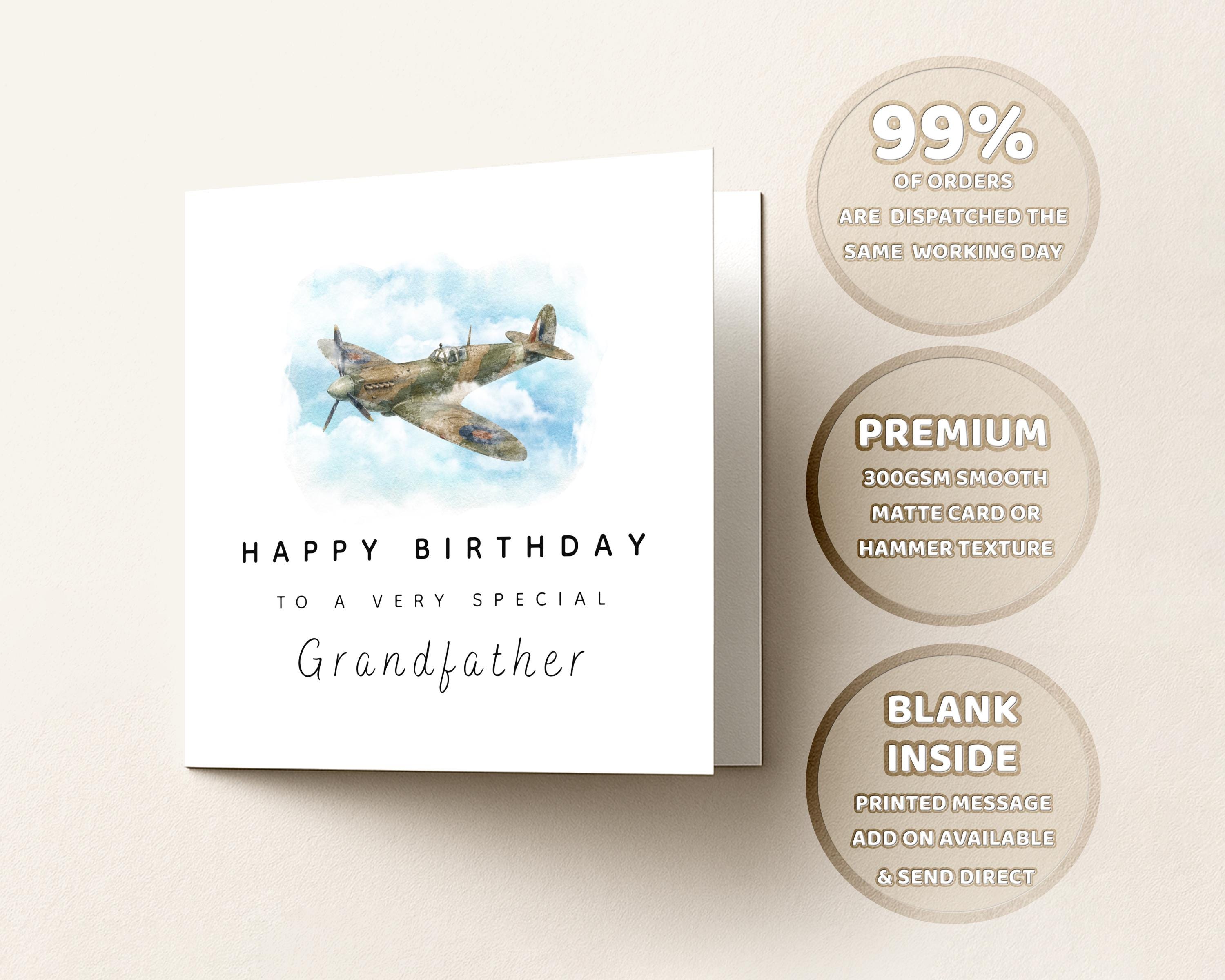 Grandad Birthday Card With Spitfire Plane For Grandfather Gramps Or Grandpa Custom Wording