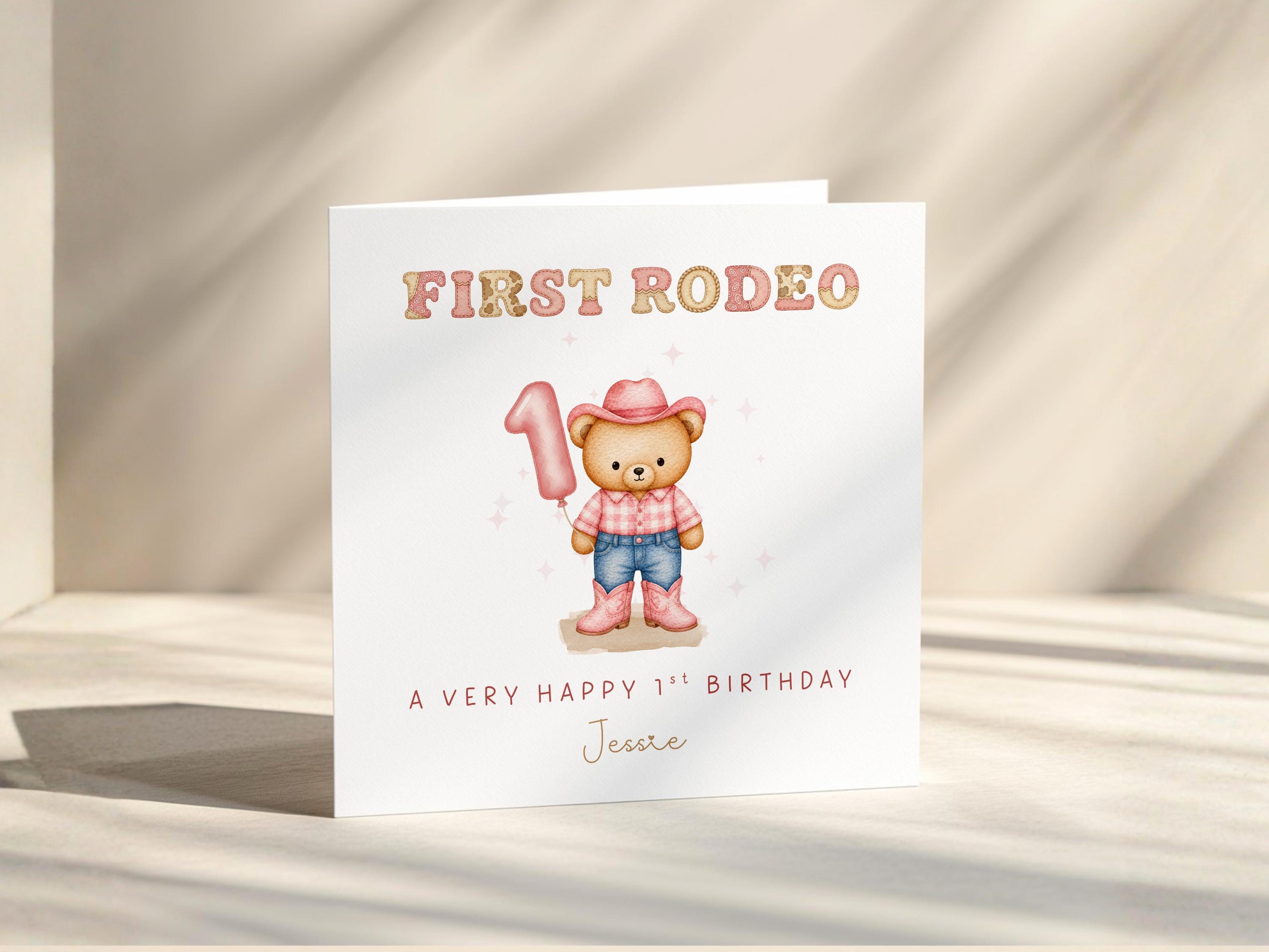 First Rodeo Personalised 1st Birthday Card For Baby Boy And Girl Cowgirl, Cowboy Teddy