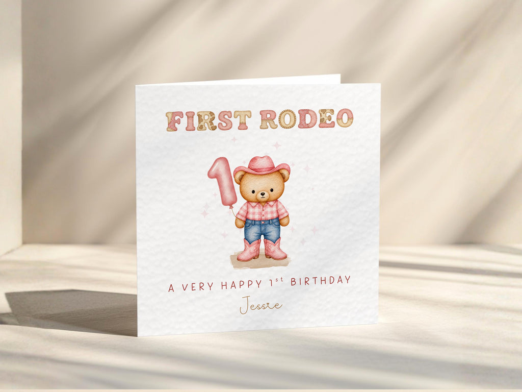First Rodeo Personalised 1st Birthday Card For Baby Boy And Girl Cowgirl, Cowboy Teddy